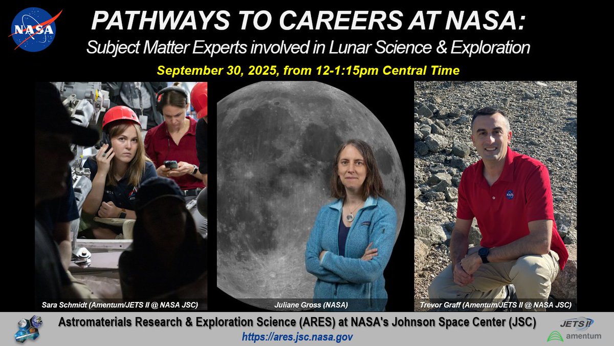 LearnWithNASA's tweet image. Curious about pathways to STEM careers at @NASA? 

Join a free webinar tomorrow at 1 p.m. EDT to hear experts in lunar science &amp;amp; exploration share their stories and career professional journeys. 🚀🌕

Registration closes today! 📅

Sign up at ares.jsc.nasa.gov/interaction/we…