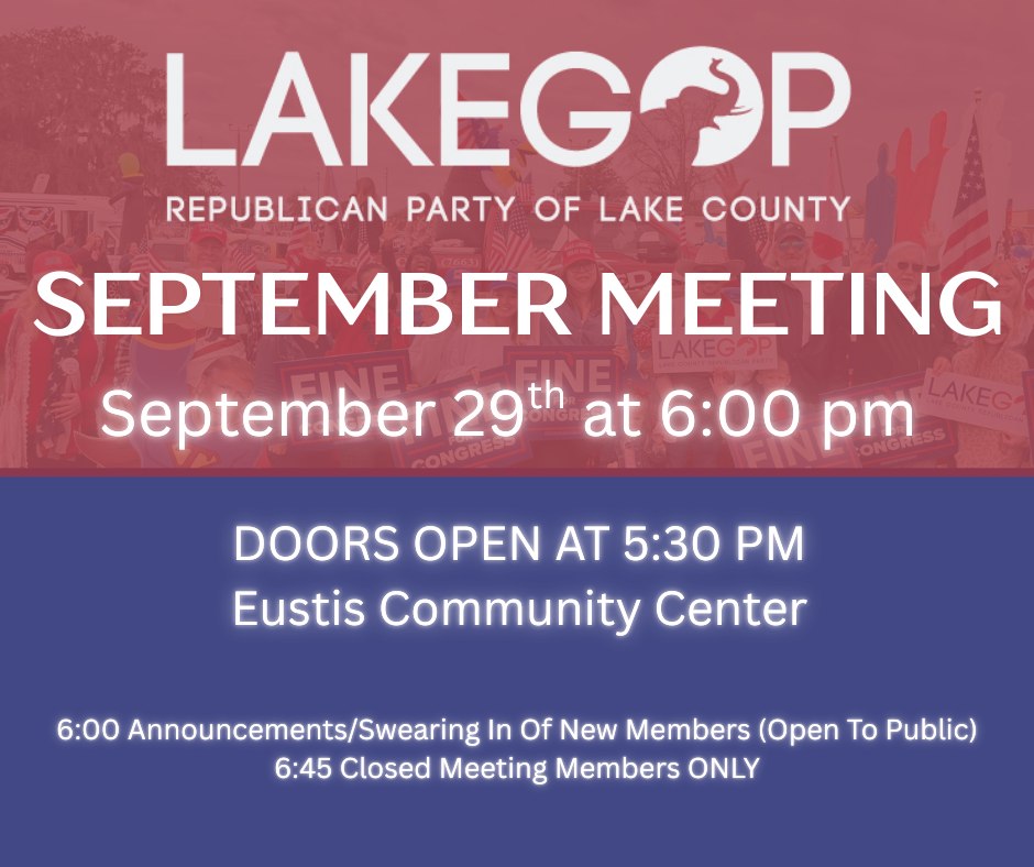 Reminder!

The Lake County REC Meeting is happening tonight at the Eustis Community Center! 🇺🇸

We’re looking forward to gathering with our members to discuss important updates and keep working together to make a difference here in Lake County.

We hope to see you there tonight