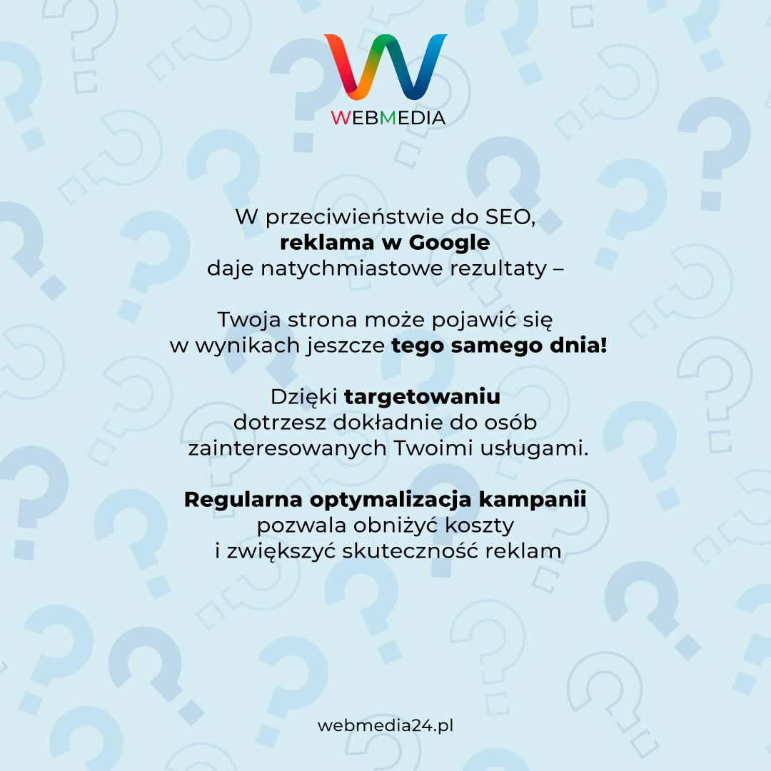 Webmedia_24's tweet image. 📢 W przeciwieństwie do SEO, reklama w Google daje natychmiastowe rezultaty! Twoja strona może pojawić się w wynikach jeszcze tego samego dnia!

#webmedia #GoogleAds #reklamaonline #kampanieonline #marketingonline #digitalmarketing #stronywww #projektywww #stronainternetowa