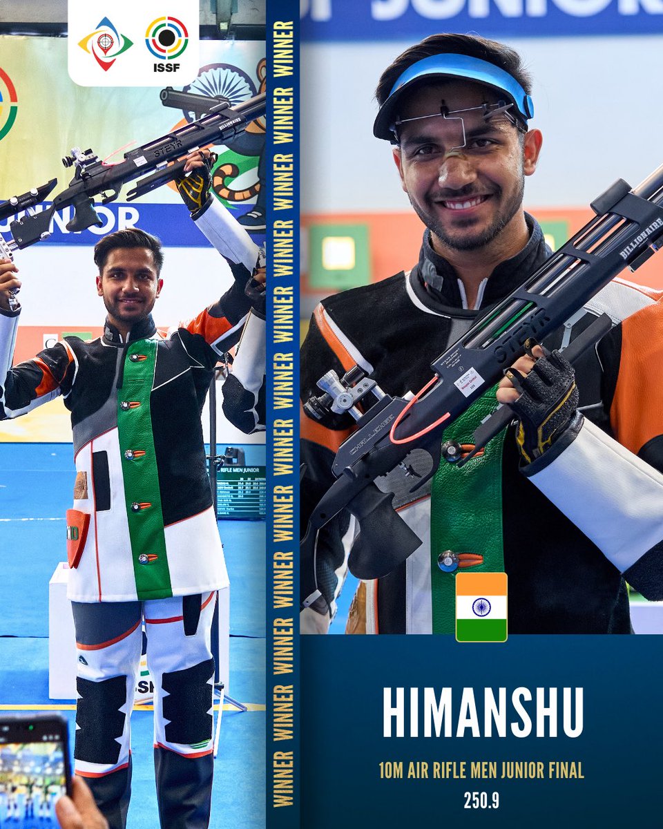 issf_official's tweet photo. Next generation on top! 👏
Gold medal for India’s Himanshu in 10m Air Rifle Men Final, at the Junior World Cup New Delhi 2025.

#ISSF #ISSFJrWorldCup #ShootingSports https://t.co/qSlFLe3NYL