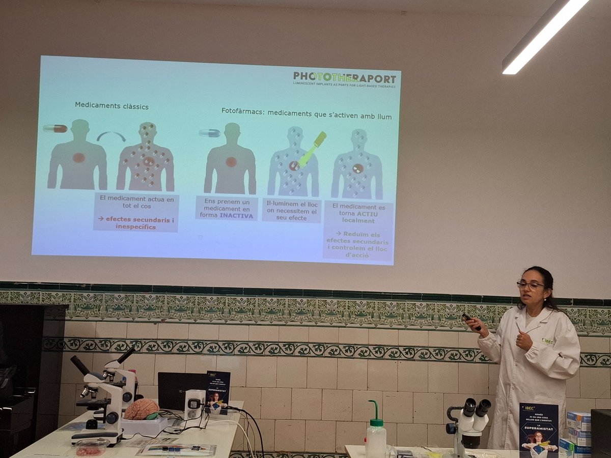 MartaFdezJurjo's tweet image. Activitat de divulgació científica de La Nit de la recerca. Centre cívic Casa Golferichs. @BiaMoreno_G @PHOTOTHERAPORT
@IBECBarcelona #Fotofàrmacs: ens prenem un medicament en forma inactiva, il·luminem el lloc on necessitem el seu efecte i el medicament es torna actiu localment.