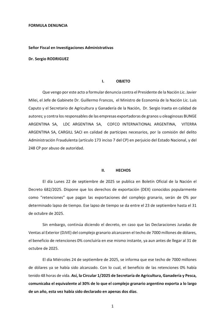 🚨DENUNCIA PENAL A MILEI🚨 
Es por el escándalo de RETENCIONES CERO.
Denunciados Javier Milei, Francos, Toto Caputo y el secretario de Agricultura, Sergio Iraeta, por ADMINISTRACIÓN FRAUDULENTA en perjuicio del Estado.

EL GOBIERNO MÁS CORRUPTO DE LA HISTORIA