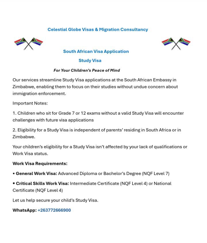 celestialglobe2's tweet photo. 🇿🇦 South African Study Visa
For Your Children’s Peace of Mind
Our services streamline Study Visa applications at the South African 🇿🇦 Embassy in Zimbabwe🇿🇼, enabling them to focus on their studies without undue concern about immigration enforcement.
#OperationDudula #PutSAFirst https://t.co/ITJfPtxQqh