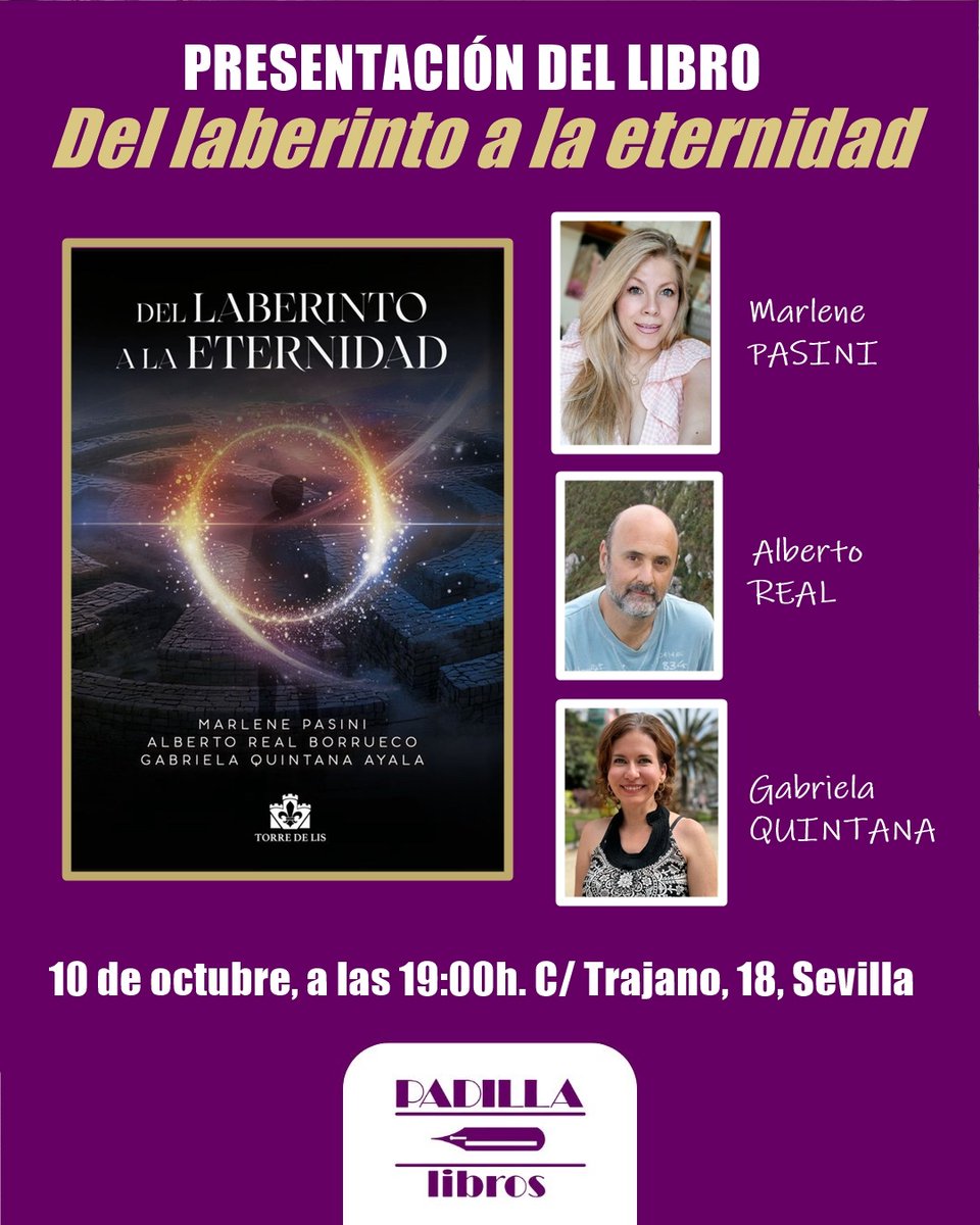 El próximo viernes 10 de octubre, a las 19h, contaremos con una doble presentación: Del laberinto a la eternidad, donde contaremos con sus autores Gabriela Quintana Ayala, Marlene Pasini y Alberto Real. Y, después, Camino de la oscuridad a la luz, de Marlene Pasini