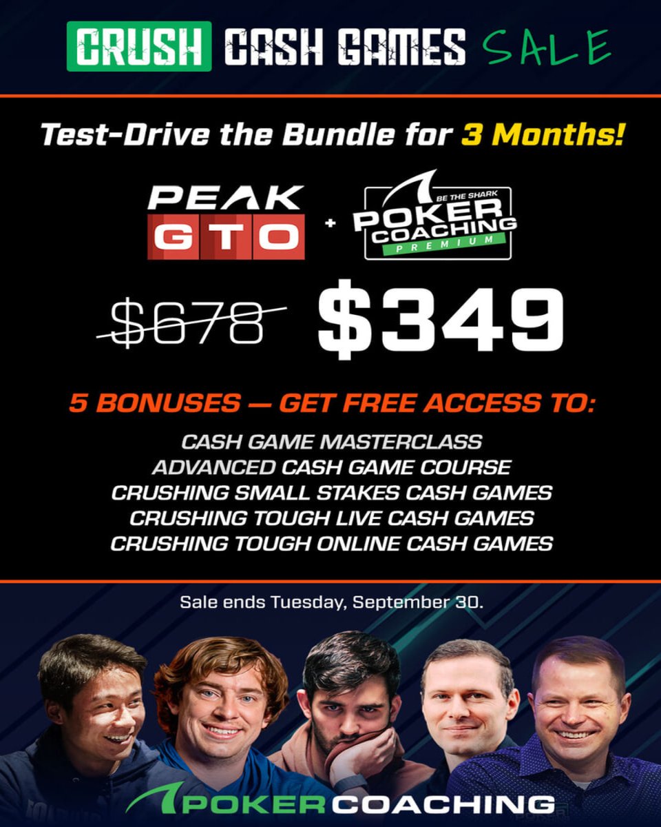 Crush cash games with the ultimate training bundle 💥

Get 3 months of peakGTO + pokercoaching premium for just $349 (worth $678) and unlock 5 free bonuses:
✔️ Cash game masterclass
✔️ Advanced cash game course
✔️ Crushing small stakes
✔️ Crushing tough live games
✔️ Crushing