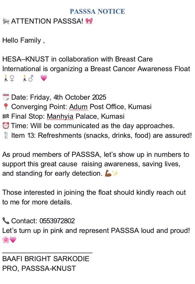 passsaknust's tweet photo. ππ PASSSA, Letβs Show Up for the Cause! ππ
This Saturday, we paint Kumasi PINK as we walk for Breast Cancer Awareness. πΈ
Come with your pink, energy, and passion together, we march for hope & early detection! πͺπ
#OctoberIsPink #PASSSA #HESA #BreastCancerAwareness https://t.co/dx2WBChINI