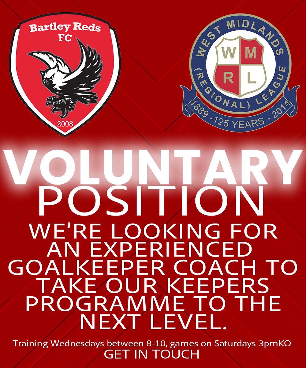 The Reds are looking for experienced coaches to join us in our journey through non-league football. 

We are step 7 - WMRL, train Wednesday 8pm, kick off Saturdays @ 3pm. 

Feel free to DM us and we will get back to you ASAP🙂