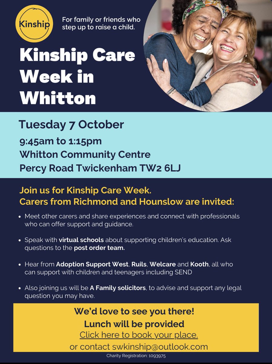 🌟 Kinship carers in Richmond &amp; Hounslow – join us for Kinship Care Week in Whitton!
📅 7 Oct | 🕘 9:45–1:15 | 📍 Whitton CC
Free lunch &amp; support 💬
👉 kinship.tfaforms.net/5116595?eventi…

#KinshipCare