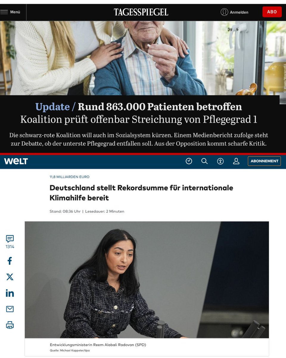 Heuchelei pur: 11,8 Mrd. € für internationale Klimahilfen – gleichzeitig soll in Deutschland Pflegegrad 1 gestrichen werden. Man nimmt den Schwächsten Geld weg, um undurchsichtige Milliardenprojekte im Ausland zu finanzieren.

tagesspiegel.de/politik/rund-8…