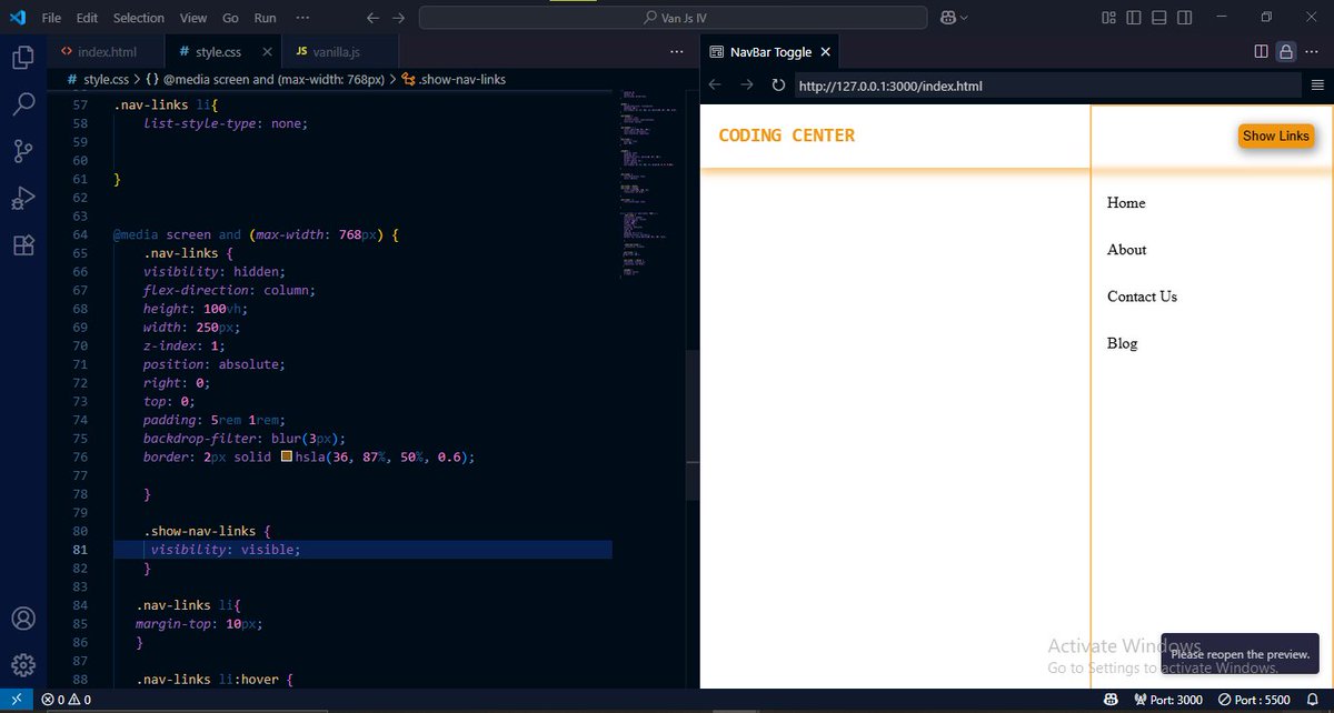 still_ceejay0's tweet image. 4/15 😌
Challenge 4 completed ✅️
Just finished my navbar using HTML, CSS & JS
Using media query to display the "button" to show the navigation menu on a smaller screen and using Javascript to create the functionality for button when clicked
#VanillaJs