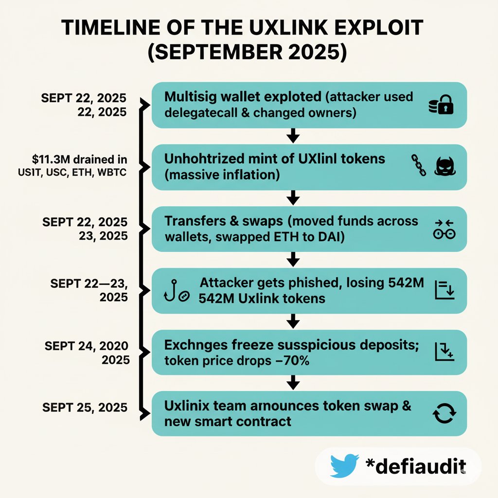 DeFiAudit's tweet image. 🚨 UXLINK Exploit  September 2025
Attackers exploited the multisig wallet drained ~$11.3M minted billions of tokens and later got phished losing 542M UXLINK.

Here’s the full timeline of events ⬇️
(Infographic attached)

#BlockchainSecurity #Web3Safety @DefiAudit