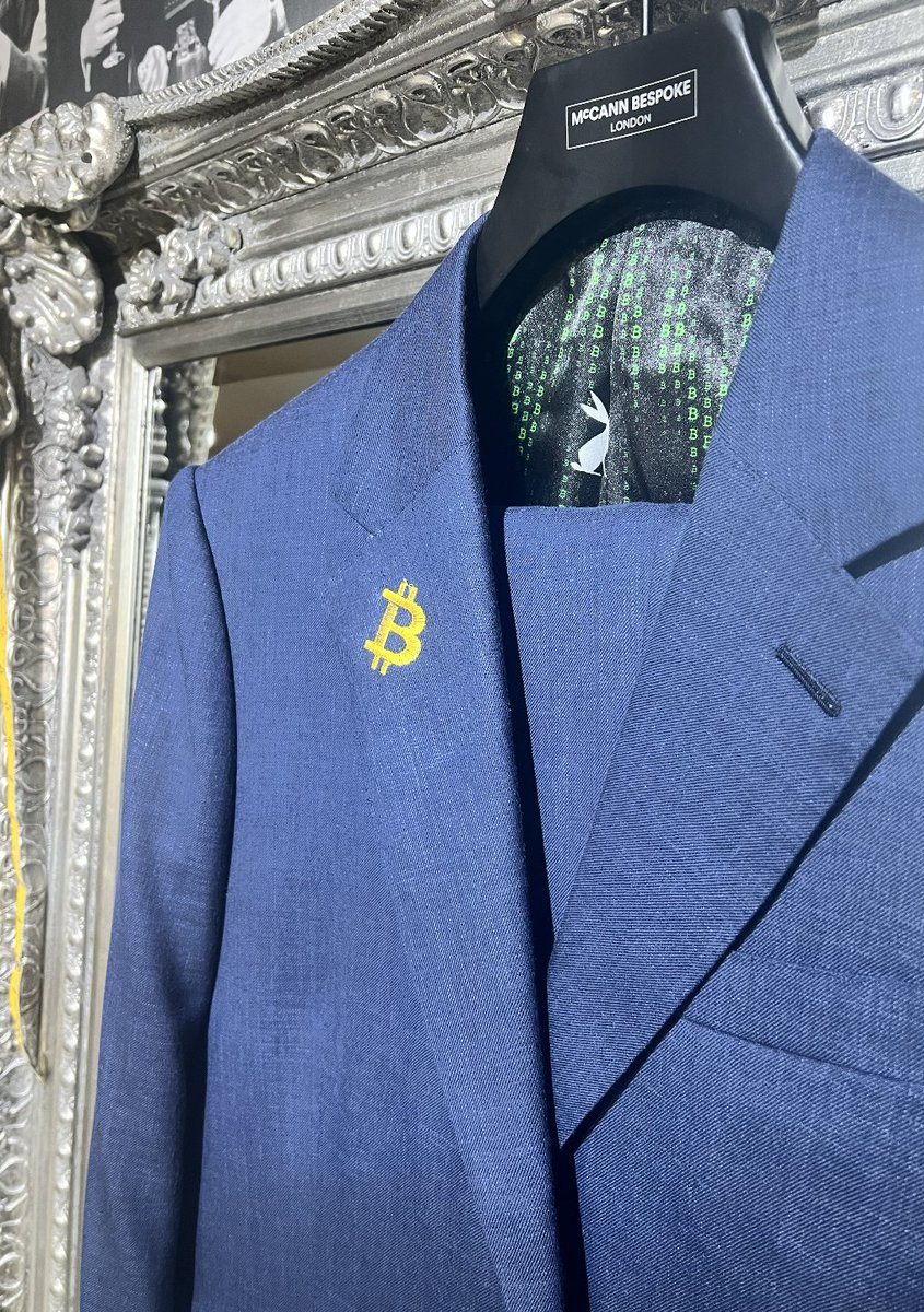 New suit for James: Bitcoin embroidery from Dormeuil Naturals, a mix of wool, linen and silk. <a href="/Jcastweet/">Jez Casey</a>, <a href="/MissPrint_Ltd/">MissPrint Limited</a>, <a href="/Bitcoinshire/">Berkshire Bitcoiners</a> , <a href="/Bridge2Bitcoin/">Bridge 2 Bitcoin</a>! #bitcoin #bespokesuit #bespoketailors
