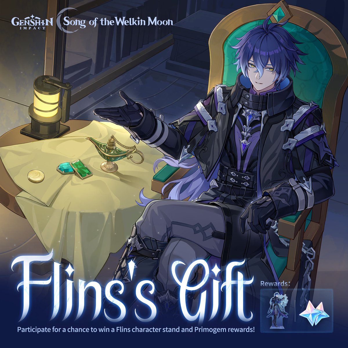 GenshinImpact's tweet photo. Event Available: #FlinssGift 

Participate for a chance to win a Flins character stand and Primogem rewards!

"You're welcome to choose a relic from my collection as a remembrance."

👇 Click an option below and post to enter!

Details: https://t.co/CicuXBRQik

#GenshinImpact