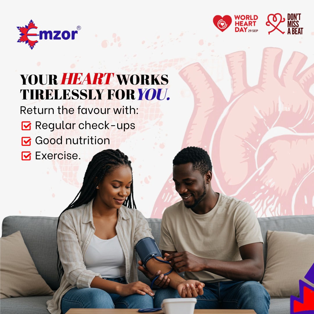 emzornigeria's tweet photo. Don't miss a beat when it comes to keeping your heart healthy! 

This World Heart Day, take action: 
✅️ Book your check-up
✅️Choose foods that will keep your heart healthy
✅️Get moving. 

Your heart works hard for you, show it the love it deserves.

 #WorldHeartDay #Emzor https://t.co/R6DpTnF79o