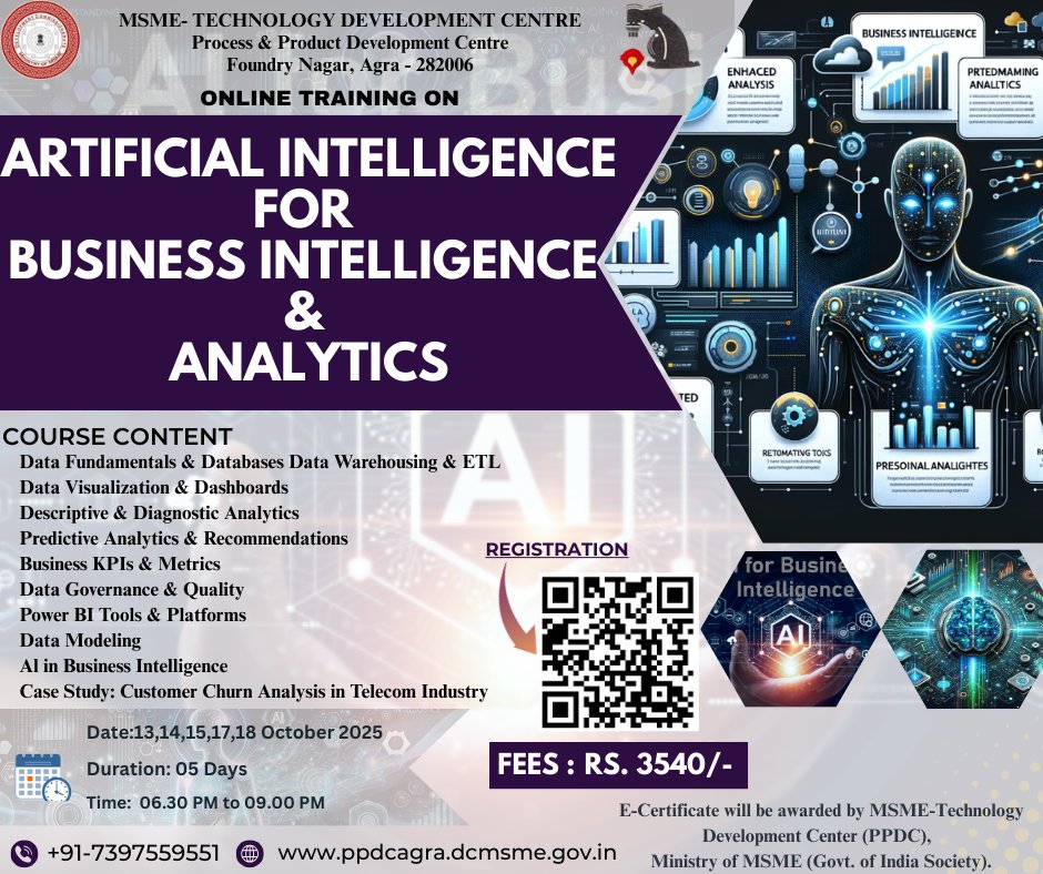 ppdcagra's tweet photo. Greetings from the Ministry of MSME, Govt. of India Society !!!

MSME TDC (Process &amp; Product Development Centre), Agra, is organizing an Online Programme on " Artificial Intelligence for Business Intelligence &amp; Analytics "

For Online Registration
https://t.co/NBHiE53gfa https://t.co/IFKISN6i7y