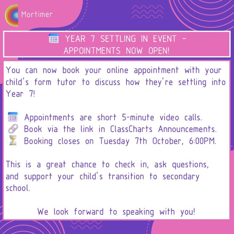MortimerCC's tweet image. 💜💜 YEAR 7 PARENTS &amp;amp; CARERS! 💜💜

📅 You can now book appointments. 

📲 Check your ClassCharts Announcements for the booking link and details.

💜 We look forward to seeing you in October! 💜

#TeamMortimer #keepingintouch