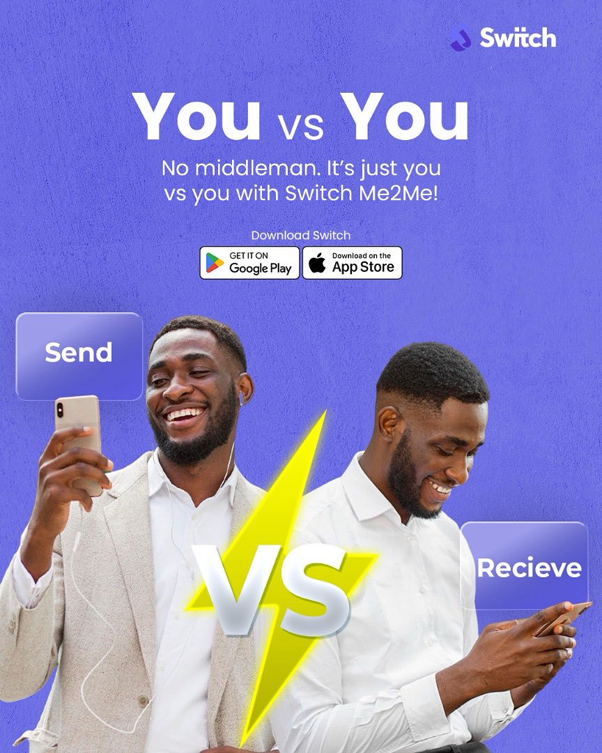 Switch by Sterling (@switch_nig) on Twitter photo When you’re both the sender and the receiver 😎
Switch makes sure your money stays loyal to you. No middleman, no long story.
With Switch Me2Me, it’s pure financial self love.
Download Switch today via ✨onelink.to/hsk24e✨ Send. Receive. Repeat💙
#SwitchApp 
#Me2Me When you’re both the sender and the receiver 😎
Switch makes sure your money stays loyal to you. No middleman, no long story.
With Switch Me2Me, it’s pure financial self love.
Download Switch today via ✨onelink.to/hsk24e✨ Send. Receive. Repeat💙
#SwitchApp 
#Me2Me