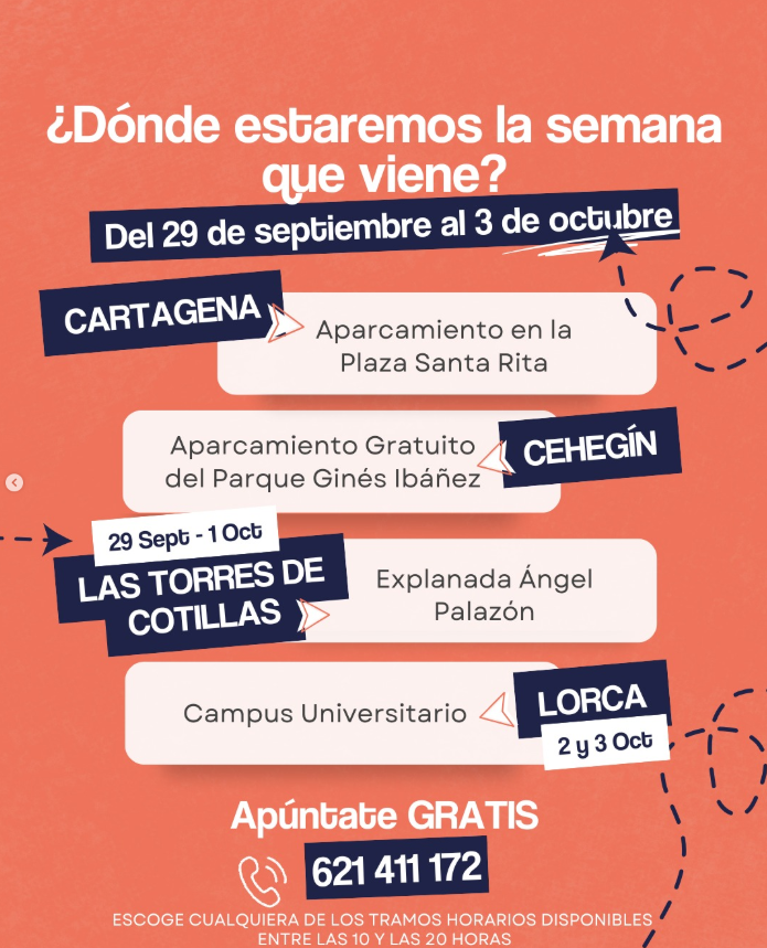 📣 ¡Esta semana seguimos recorriendo la Región de Murcia con Applicate! 🚐💡

Del 29 de septiembre al 3 de octubre estaremos en:

📍 Cartagena – Aparcamiento Plaza Santa Rita
📍 Cehegín – Aparcamiento gratuito del Parque Ginés Ibáñez
📍 Las Torres de Cotillas (29 sept – 1 oct) –