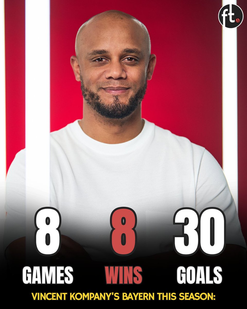 ✨ Bayern Munich this season under Vincent Kompany:

▪️ 8 games
▪️ 8 wins
▪️ 30 goals scored

Not bad for a manager who got Burnley relegated. 🔝