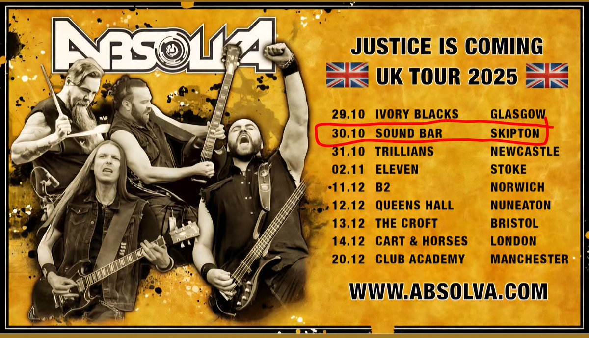The mighty ABSOLVA are heading to Skipton on the 30th of Oct. Tickets are £10 and available from the below link
seetickets.com/event/absolva-…