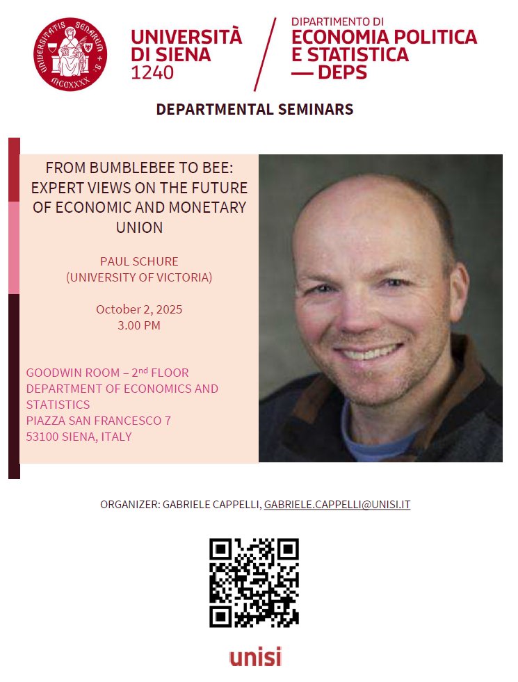 DEPS Siena - Department of Economics & Statistics (@depsusiena) on Twitter photo 🚨THURSDAY🚨
New <a href="/DepsUSiena/">DEPS Siena - Department of Economics & Statistics</a> Research Seminar!
Paul Schure (University of Victoria)
"From Bumblebee to Bee: Expert views on the future of Economic and Monetary Union"
⏲️🗓️Oct 2 - 15:00, Goodwin Room 🚨THURSDAY🚨
New <a href="/DepsUSiena/">DEPS Siena - Department of Economics & Statistics</a> Research Seminar!
Paul Schure (University of Victoria)
"From Bumblebee to Bee: Expert views on the future of Economic and Monetary Union"
⏲️🗓️Oct 2 - 15:00, Goodwin Room