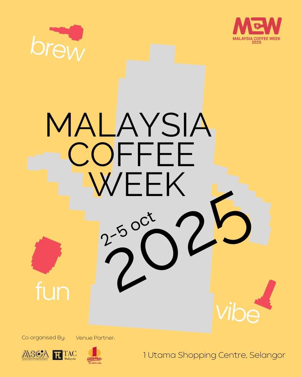 amuyo_tomoko's tweet photo. Malaysia Coffee Week 2025 is returning to 1 Utama Shopping Centre — and this time, we’re going BIGGER, BOLDER &amp; MORE VIBRANT than ever!

Come sip, explore, and celebrate coffee with the entire community.

📆 2 - 5 October 2025
📍 1 Utama Shopping Centre

#SpecialtyCoffee #1Utama https://t.co/q6rlCWQufN