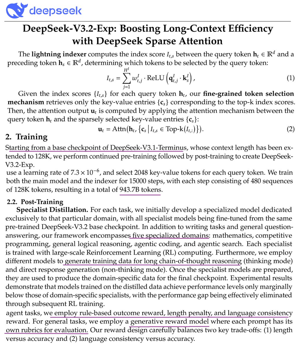 danielhanchen's tweet image. DeepSeek V3.2 breakdown
1. Sparse attention via lightning indexer + top_k attention
2. Uses V3.1 Terminus + 1T continued pretraining tokens
3. 5 specialized models (coding, math etc) via RL then distillation for final ckpt
4. GRPO. Reward functions for length penalty, language…