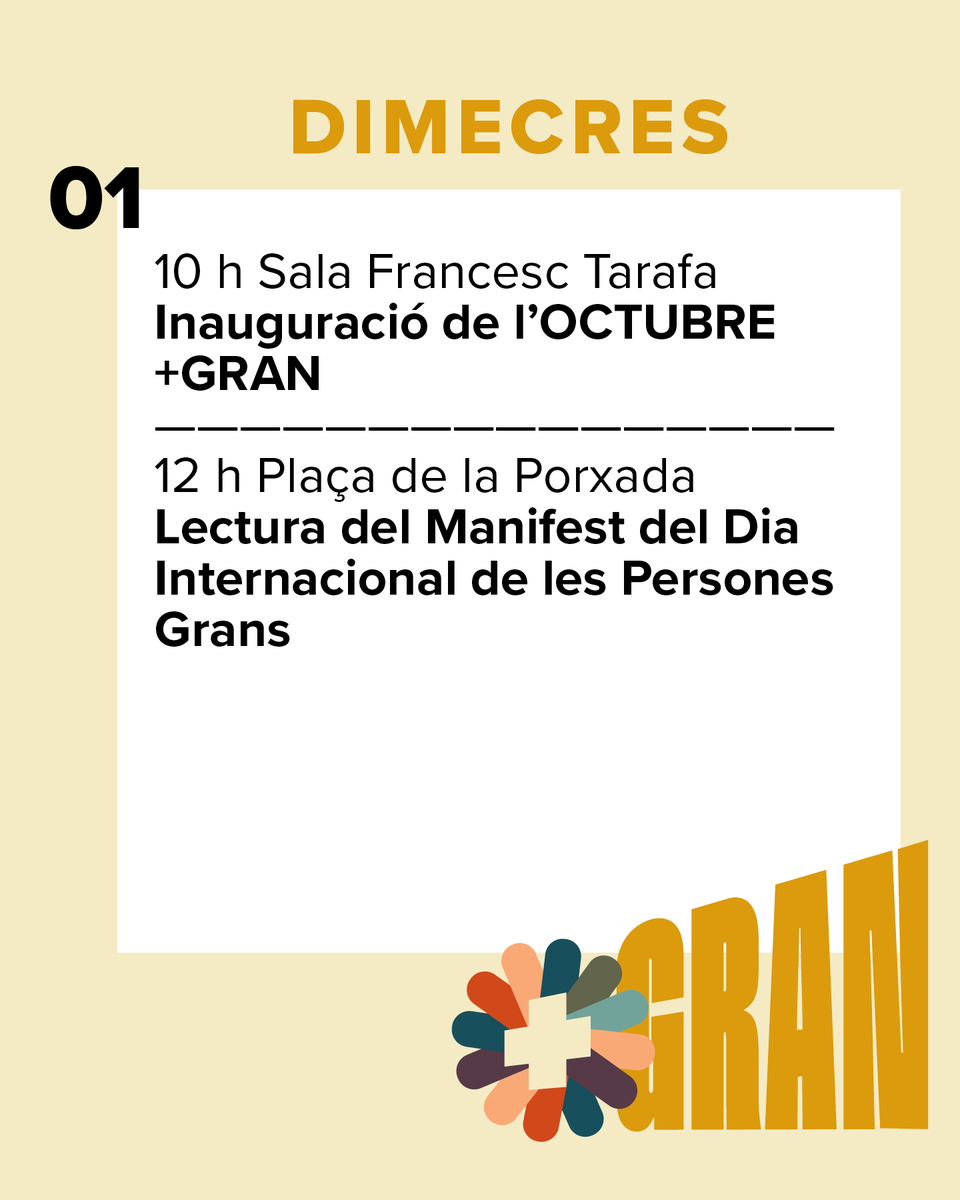granollers's tweet photo. 🎉Inauguració de l’Octubre +Gran!

Presentació del programa Octubre +Gran  i de la guia d’activitats i serveis per a persones grans.

📆Dimecres 1 d’octubre
🕐10 h
📍Sala Tarafa

Per a més informació: https://t.co/c82zQUUvNv https://t.co/dYNY4LZCp9