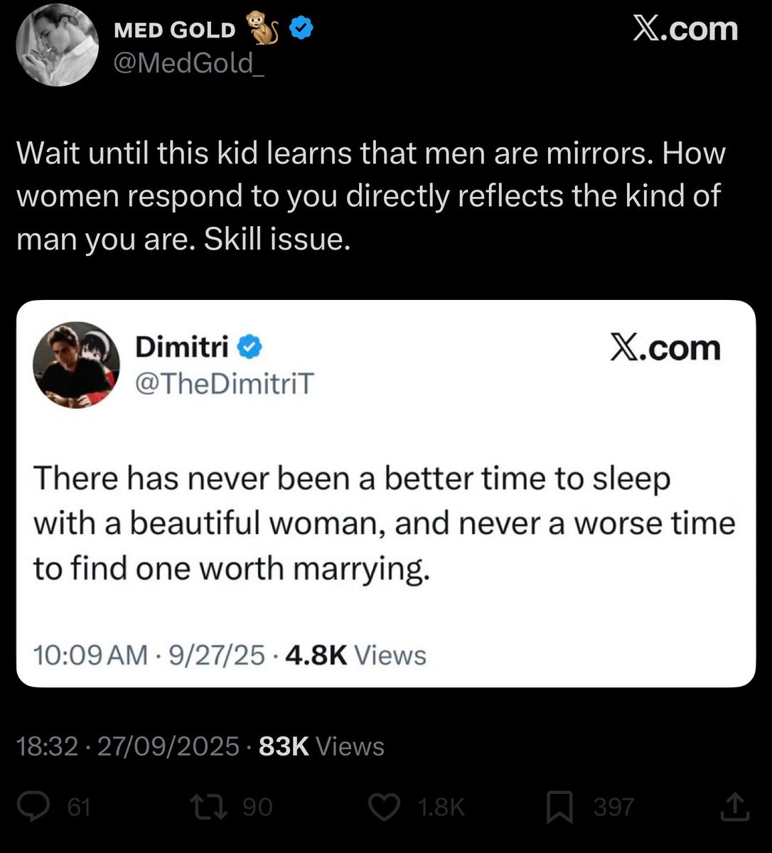 French OG (@frenchog3) on Twitter photo 9 times out or 10, guys who claim skill issues guys are weak ass bitches who draw their sense masculinity from the female approval lens. 
Because they are so desperate to be confirmed that they are That Guy, so they will do everything to get there through women.
Women don’t 9 times out or 10, guys who claim skill issues guys are weak ass bitches who draw their sense masculinity from the female approval lens. 
Because they are so desperate to be confirmed that they are That Guy, so they will do everything to get there through women.
Women don’t