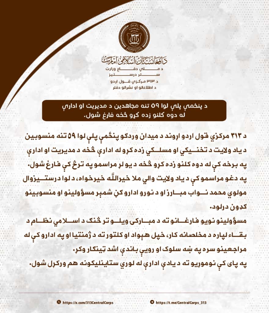 د ۳۱۳ مرکزي قول اردو اړوند د میدان وردګو پنځمې پلې لوا ۵۹ تنه منسوبین د یاد ولایت د تخنـیکي او مسلکي زده کړو له ادارې څخه د مدیریت او ادارې په برخه کې له دوه کلنو زده کړو څخه د یو لړ مراسمو په ترڅ کې فارغ شول.
<a href="/AborzGh313/">ابوزر غزنوي</a>