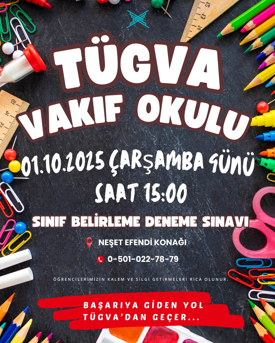 Geleceğin teminatı gençlerimiz için vakıf okuluna adım atıyoruz 🌟
📚 TÜGVA Vakıf Okulu Sınıf Belirleme Deneme Sınavı başlıyor!

🗓 01.10.2025 Çarşamba
⏰ 15.00
📍 Neşet Efendi Konağı

👉 Öğrencilerimizin kalem ve silgi getirmelerini rica ederiz.