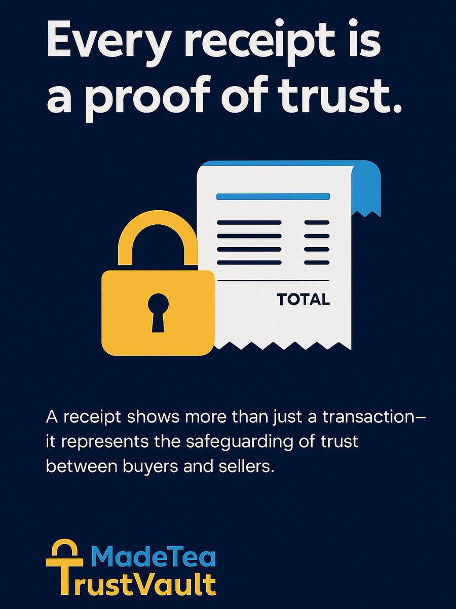 MadeTeaTrust's tweet photo. A receipt isn’t just paper, it’s proof of trust fulfilled.

MadeTea TrustVault provides receipts that buyers and sellers can rely on.

#MadeTeaTrustVault #TrustVault #TeachTrust #MadeTea #AfricaInnovation #SecureTransactions #BusinessTrust #gh #accra #BB27 https://t.co/21WD1aEeP4
