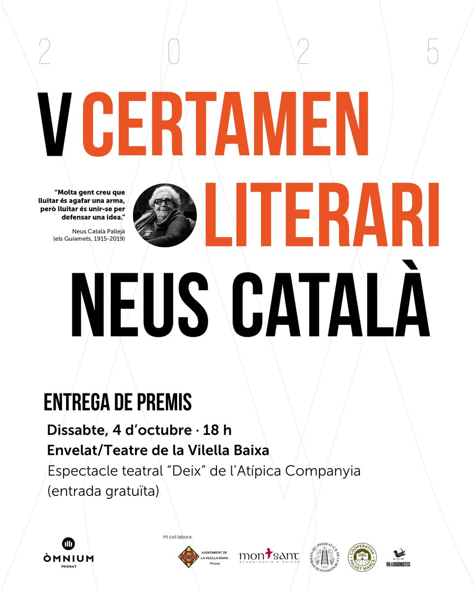 📚 Dissabte 4/10, 18h | Teatre de la Vilella Baixa
🎉 Lliurament dels premis del V Certamen Literari Neus Català 2025 amb 127 obres presentades!
🎭 Espectacle Deix de l’Atípica Companyia.

T'hi esperem!