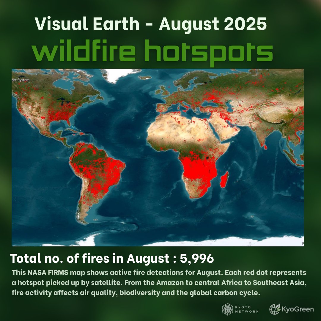 TheKyotoNetwork's tweet photo. This month’s NASA FIRMS map shows millions of hectares burning across the globe. From the Amazon to central Africa to Southeast Asia, wildfire hotspots are disrupting air quality, biodiversity and the carbon cycle. Kyoto Network helps organisations and individuals turn data like+ https://t.co/Tz8QV5P2y0