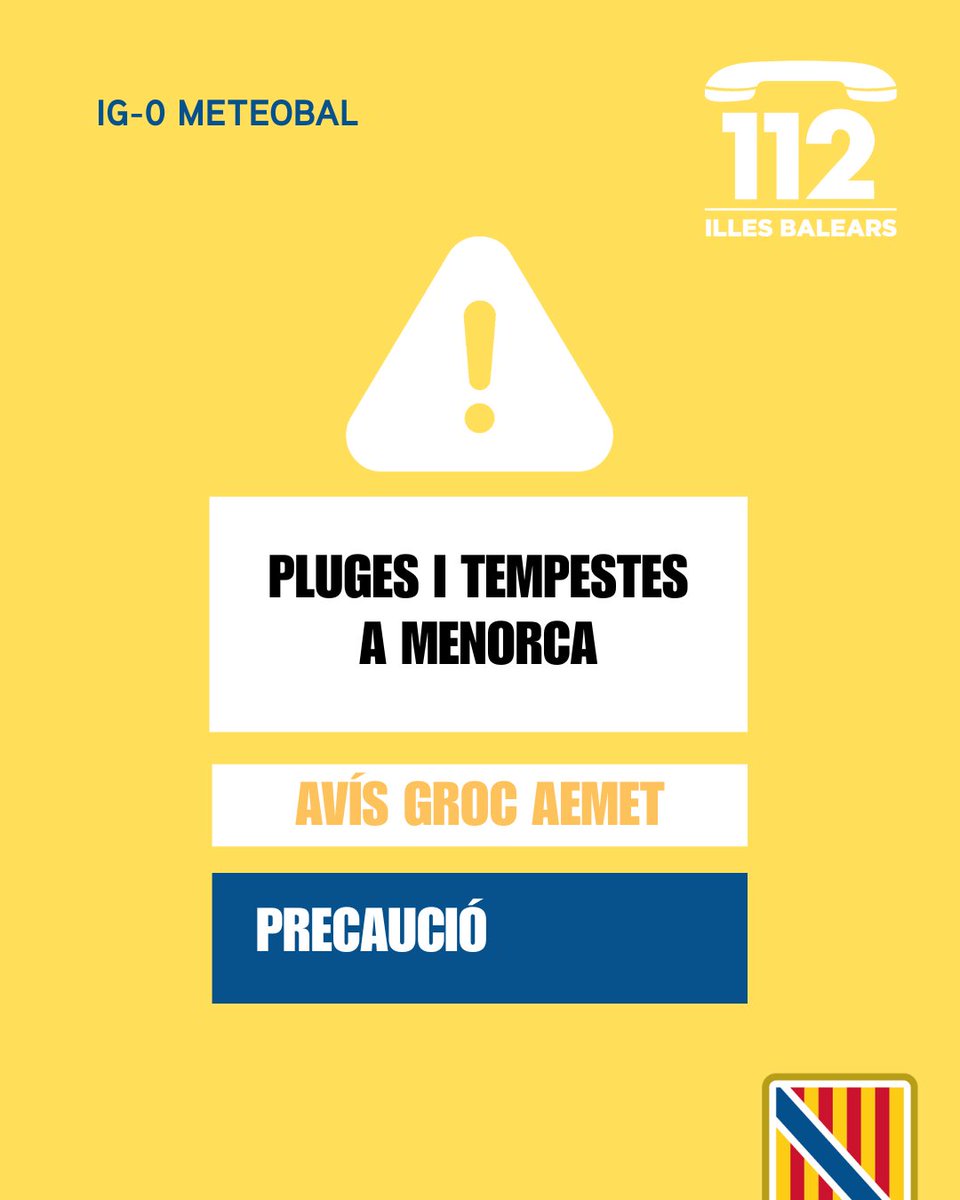 ⚠️ Actualització de les alertes per meteorologia adversa ⛈️

🟠Activada l’alerta taronja (IG-1 del Pla Meteobal) per pluges i tempestes ☔️ a Mallorca, Eivissa i Formentera.

🟡 Es manté activada l’alerta groga (IG-0 del Pla Meteobal) per pluges i tempestes ☔️ a Menorca.

Us