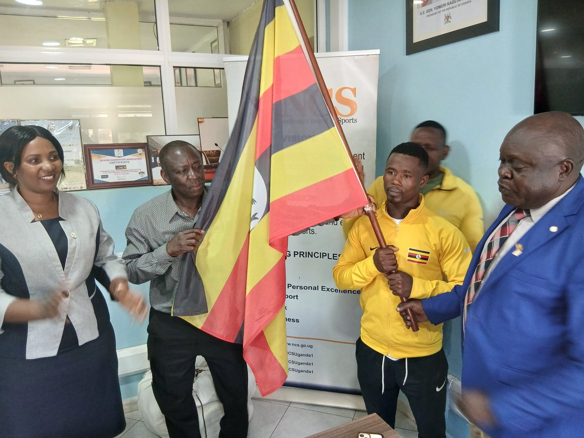 NCSUganda1's tweet photo. NCS sees off
 Norway-bound
 lifter Niyoyita

Davis Niyoyita will be Uganda's sole flag bearer at this year's World Weightlifting Championship in Norway.
The much decorated Niyoyita, a multiple medallist for Uganda at the All Africa Games in Ghana last year, was along with his coach Kassim Nsubuga seen off by the National Council of Sports (NCS) at Lugogo this morning. 
Assistant General Secretary (Admin) Joseph Oluga and Sports Officer Sarah Chelangat officially handed over the national flag to the duo who fly out to Forde, Norway, this evening. Niyoyita will compete in the 60kg category at the Championship slated to run 2nd to 11th October.