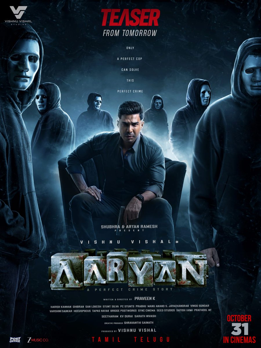 PrakashMahadev's tweet photo. .@TheVishnuVishal's #Aaryan New Poster 👌
One More thriller from #Raatchasan Star ✌️
TEASER FROM TOMORROW 💥
31st October in cinemas - in both Tamil and Telugu.
@VVStudioz @adamworx https://t.co/FP8Xx1cikK