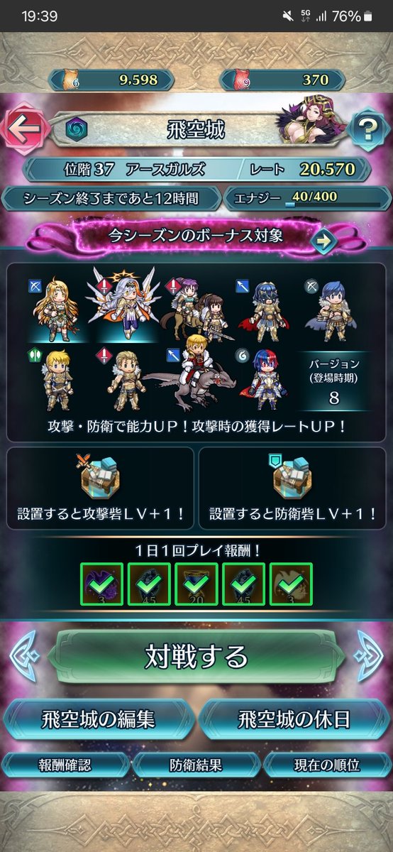 mokafeh3's tweet photo. お疲れ様でした！

むふー

#飛空城リザルト

攻撃:-大いに(220)
防衛:-40
最終レート:20,570
防衛成功:9/10
梯子残数:0/8 https://t.co/glq6IesqT4