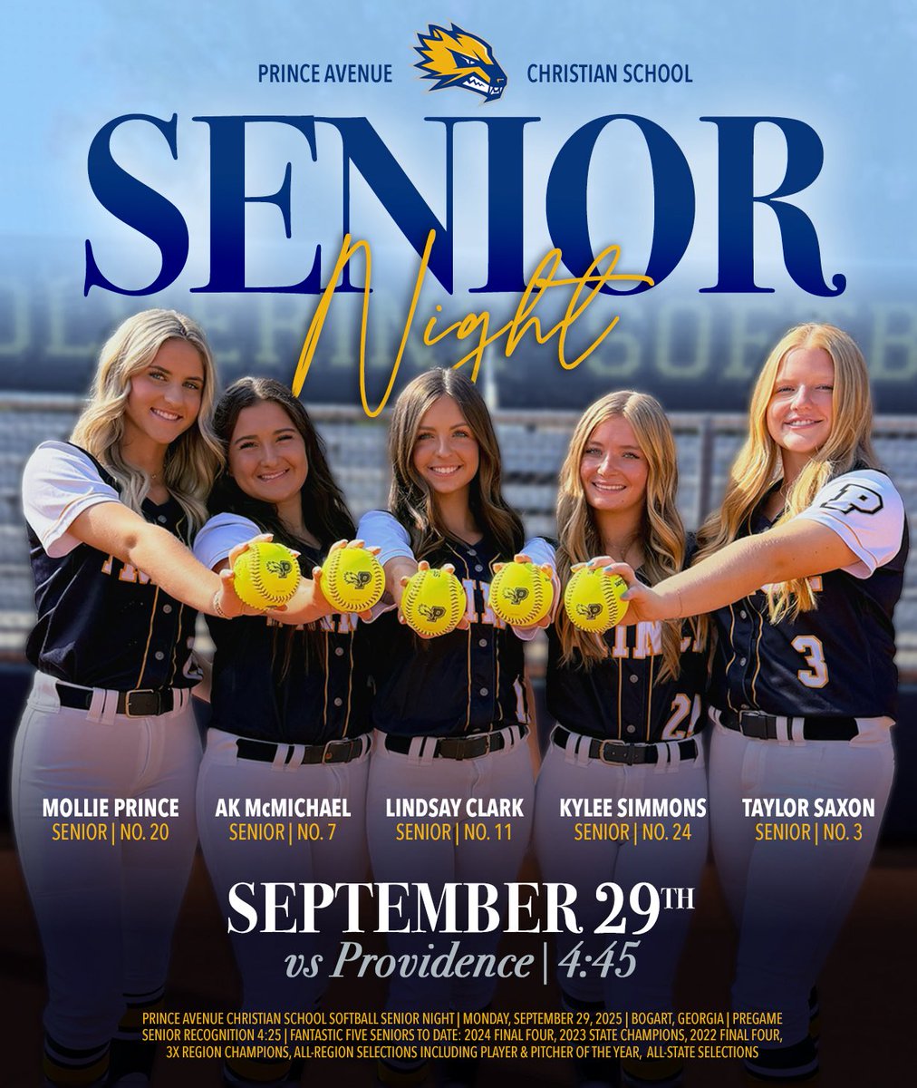 🥎 It’s Gameday 🥎

Come celebrate our fantastic 5 seniors at our Senior Night game vs Providence!

🗓 Monday, 9/29
🆚 <a href="/PCStormSoftball/">PROV Softball</a> 
⌚️ 4:45
📺 pacslive.com/softball/
📍<a href="/PACSWolverines/">Prince Ave Christian</a>

Stay tuned as we recognize each of our of seniors with some then and now softball 📸💙💛