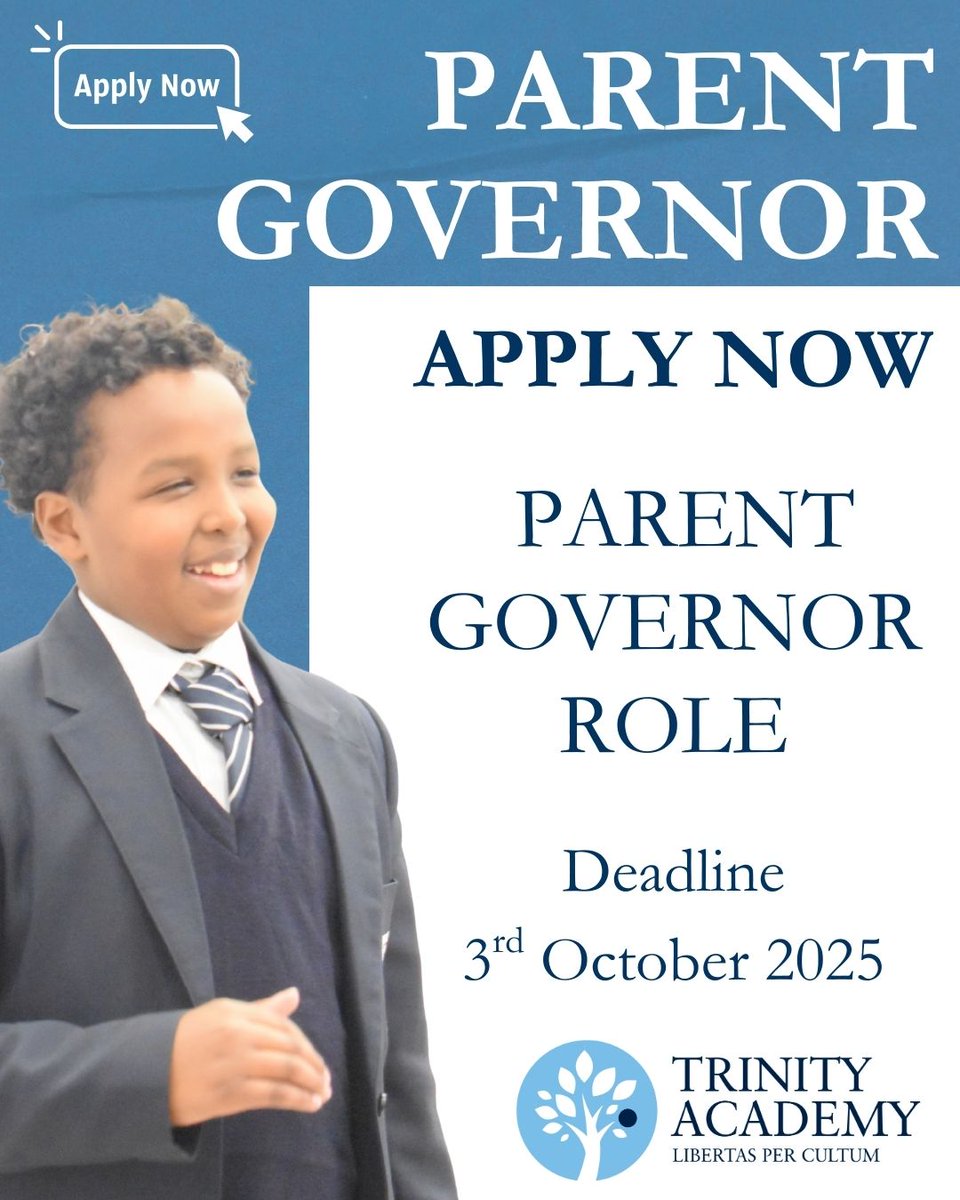 📢 Parent Governor Elections at Trinity Academy 📢

A chance for parents to shape our school’s future and ensure family voices are represented. 🌟

🗳 Apply by Fri 3 Oct, 9am
📩 Contact Ms I Abeyratne: i.abeyratne@trinity.futureacademies.
 #ParentPartnership #LambethParents