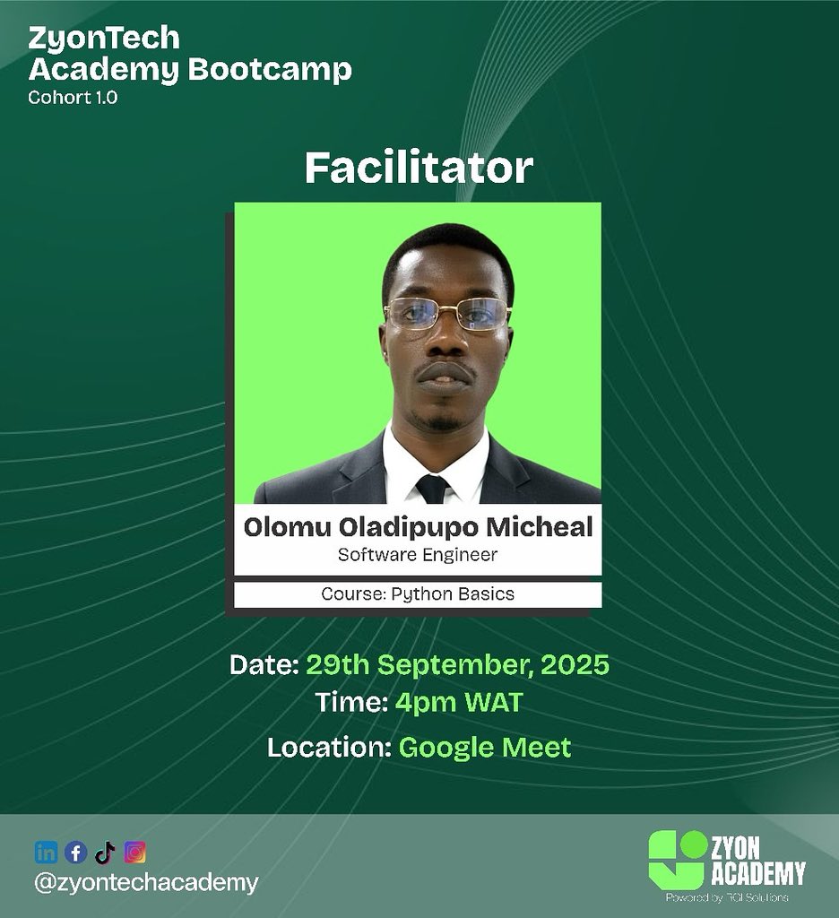 zyontechacademy's tweet image. It’s Day 1
Our Bootcamp kicks off today with Python Basics!
We’re ready to code, learn, and grow
#ZyonTechAcademy #TechBootcamp2025 #LearnPython #CodingJourney #FutureReady