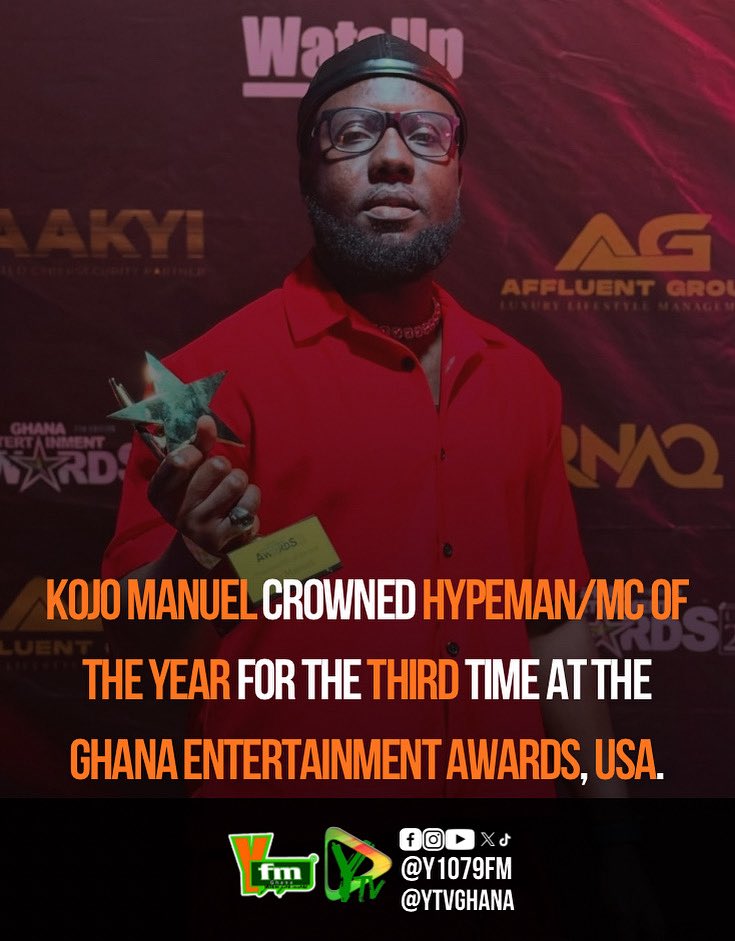 Y1079FM's tweet image. Kojo Manuel wins Hypeman/MC of the Year award at the Ghana Entertainment Awards, USA 2025.
@KojoManuel 

#YUpdates 
#DigiTrendz