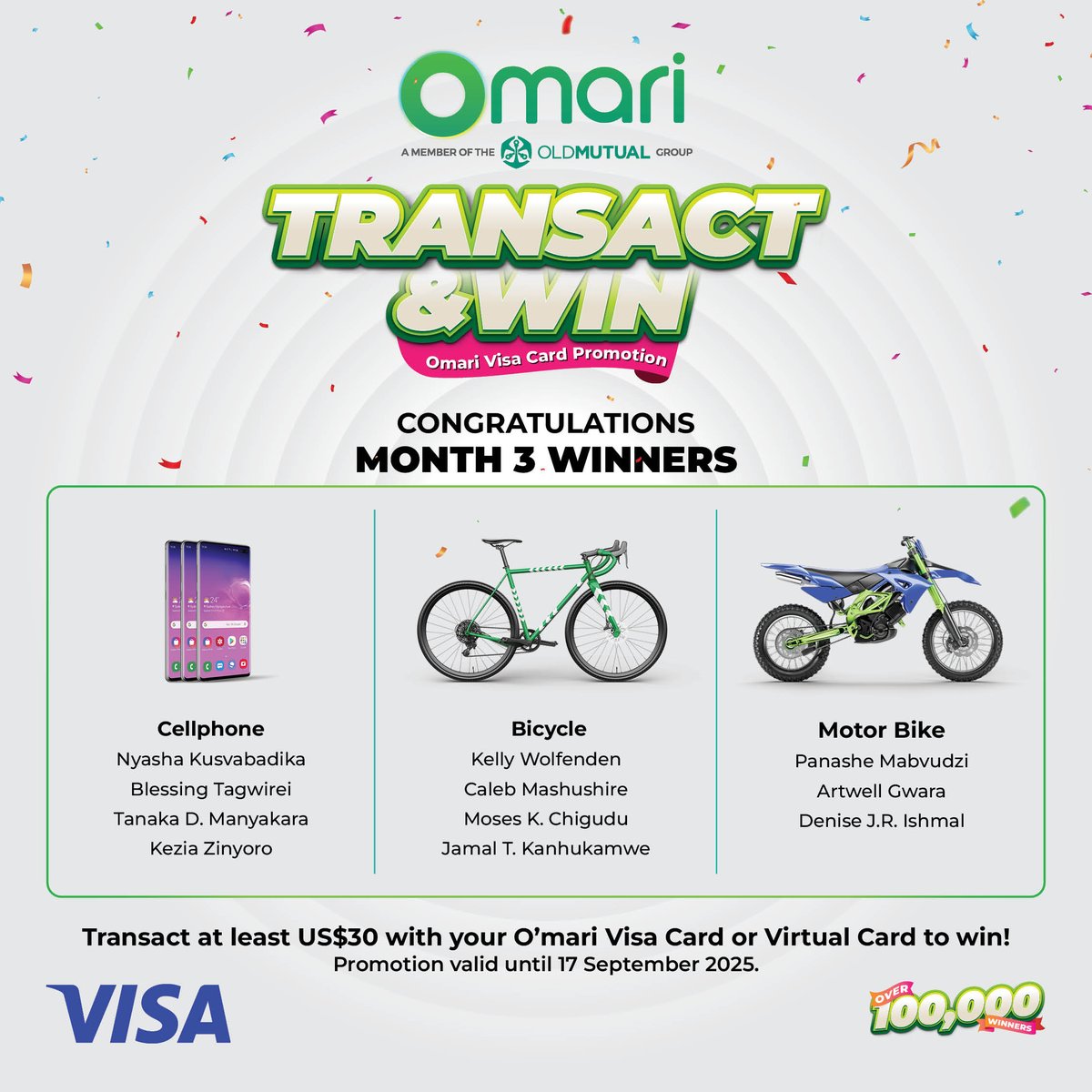 Congratulations to our lucky Month 3 Omari Transact and Win Visa Promotion winners, who turned their everyday swiping into brand-new bicycles, motorbikes, and smartphones! 🎉💚

#OmariVisaRewards #TransactAndWin #Month3Winners #RideAndConnect #OmariVisa