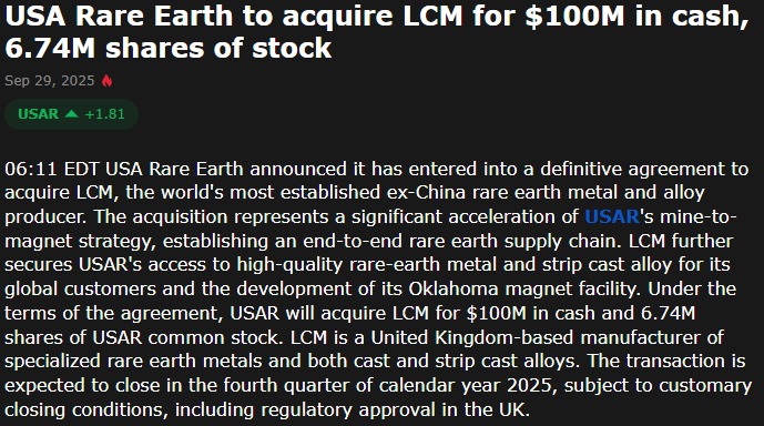 USA Rare Earths to acquire UK-based rare earth metal and alloy producer... $USAR stock up +10% pre-market