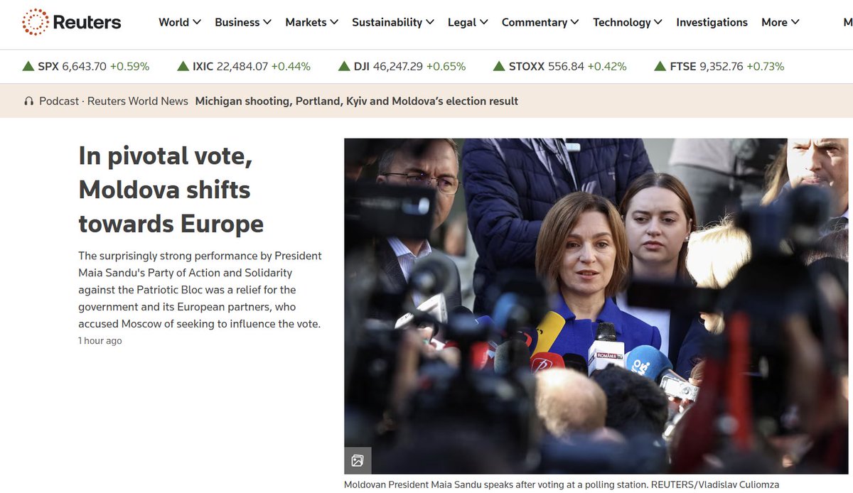 ioanad01's tweet image. Front page of @Reuters 
Congratulations, @sandumaiamd and congratulations @moldova ! 

#Moldova shifts to #Europe as #MaiaSandu’s pro-#EU party wins big. 

A boost for #RuleOfLaw, #EconomicStability &amp;amp; #EUfunding hopes, despite some external pressures. 

A key #geopolitical signal…