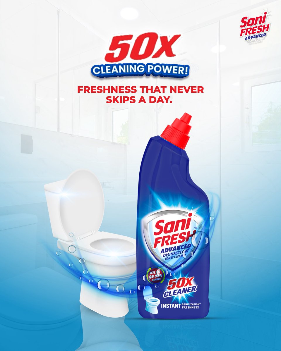 SaniFreshIndia's tweet photo. Why settle for ordinary when your toilet can shine extraordinary?

With 50X cleaning power, Sanifresh keeps germs away and freshness alive — every single day.

 #Sanifresh #50XPower #EverydayFreshness https://t.co/ScT4ivrdAE