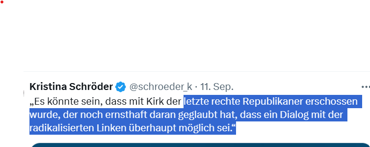 #schroeder,  OHNE BELEGE behauptet, in den #USA würde es eine radikalisierte Linke geben.
#KIRK sei der letzte rechte Republikaner gewesen, der noch glaubte ein Dialog wäre möglich 
#HartaberFair 

DIESE Frau soll heute über sozial Media reden, sie verbreitet rechten Müll, oder?