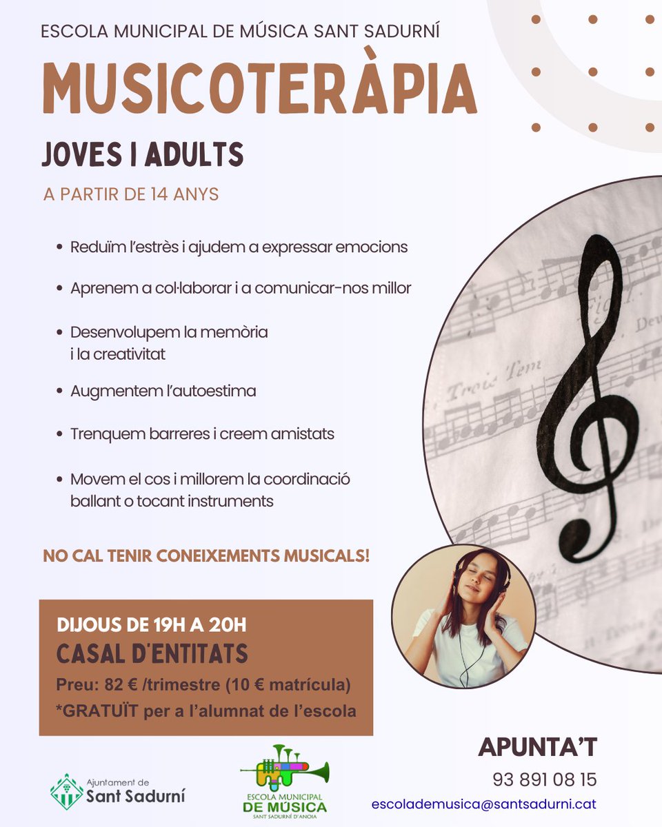Dijous 9 d'octubre comencem el Taller de Musicoteràpia per a Joves i Adults!  🎶🧠

Encara tenim places disponibles!
📑 Inscripcions a escolademusica@santsadurni.cat

#musicoterapia #joves #adults #millorarqualitatdevida #escolademusica #experiències #santsadurni
