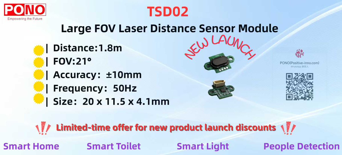 PONO_officialX's tweet image. New Product Arrival !!!
PONO #TSD02 Large FOV Distance Sensor Module
👏 Distance:1.8m
👏 FOV: 21°
👏 Frequency:50Hz
👏 Size:20*11.5*4.1mm
Mainly applications: Smart home,Smart Toilet,DIY/Maker,Smart Light etc.
#PONOsmartsensor #Distancesensor #lidar #TSD02 #AIOT #SMARTHOME