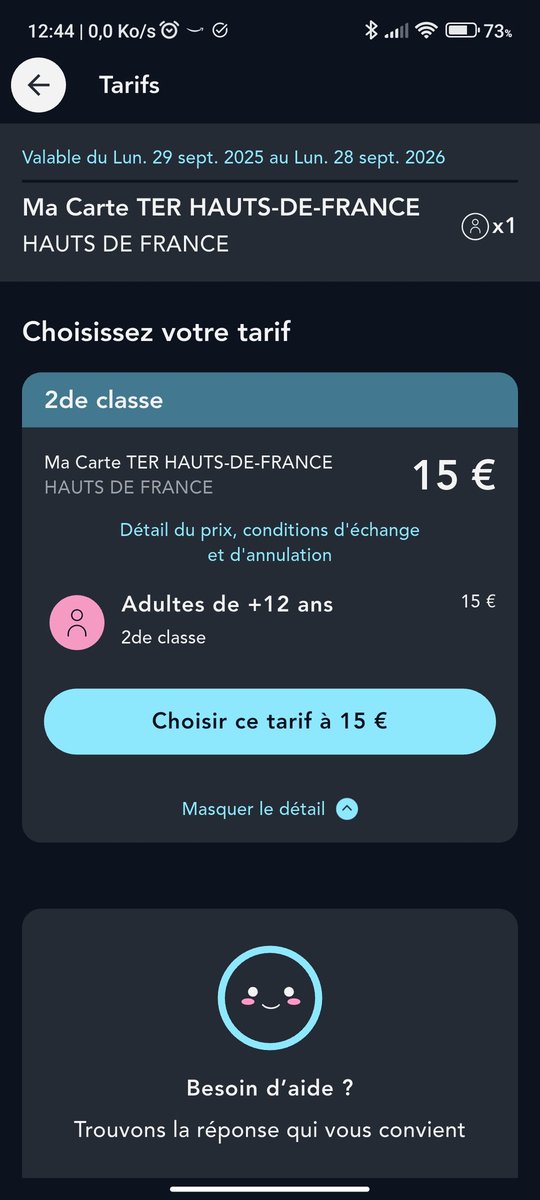 dunegf's tweet photo. @TERHDF bonjour. Je désire acheter la carte TER hauts de France, pour adulte, + de 26 ans, en promotion à 15 €. Quand je clique sur acheter, il ne me propose que celle + 12 ans. Votre chatbot me dis que ce n'est pas la même. Que dois je faire ? https://t.co/DnH3afCma6